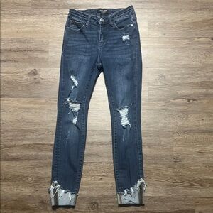 Judy Blue Dark Blue Mid Rise Skinny Cuffed Distressed Dark Wash